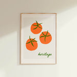 red tomato art print and green heritage retro cool font in pine wood frame