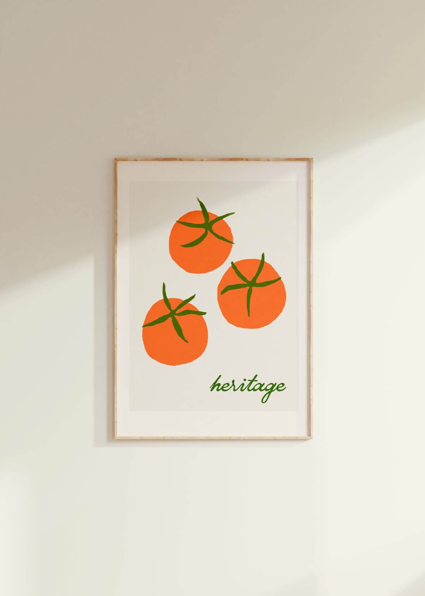 red tomato art print and green heritage retro cool font in pine wood frame