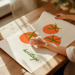 red tomato art print with vintage hotel pool font in green