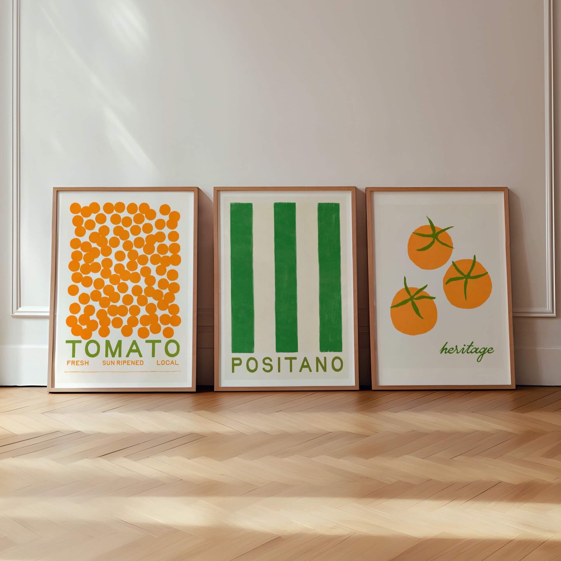 a trio of italian italy dolce vita art prints in pine wood frame in rome apartment