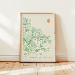 tuscany art print in pine wood frame in warm bright room with butter wood floor